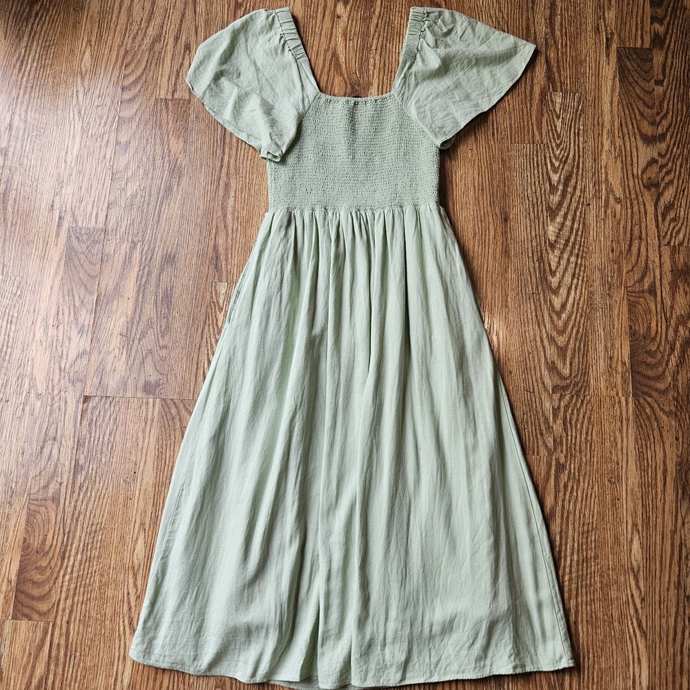 Boho Prairie Folk S MADEWELL Green Smocked Tiered Linen Blend Maxi Dress Flutter